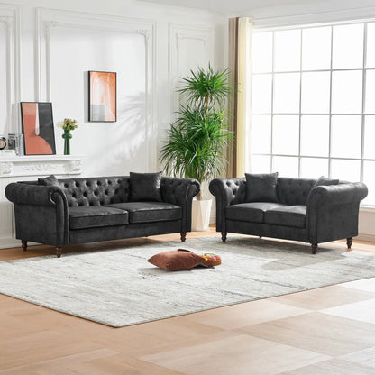 Chesterfield 3-seat & 2-seat sofa set in dark gray high-tech fabric with tufted arms on Tampa Home & Garden Store