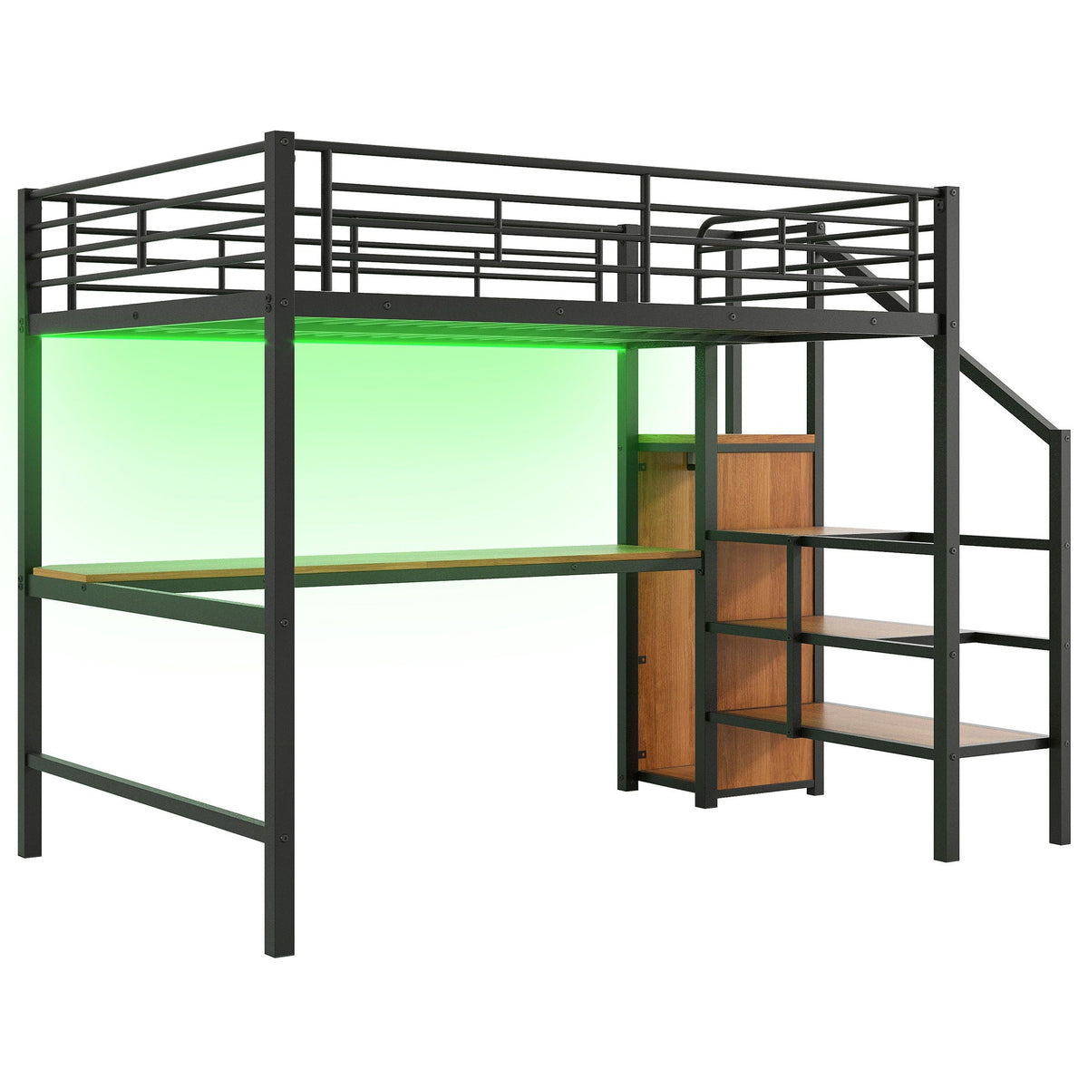 Loft bed frame with desk, storage stairs and small wardrobe in black metal, LED glow on Tampa Home & Garden Store