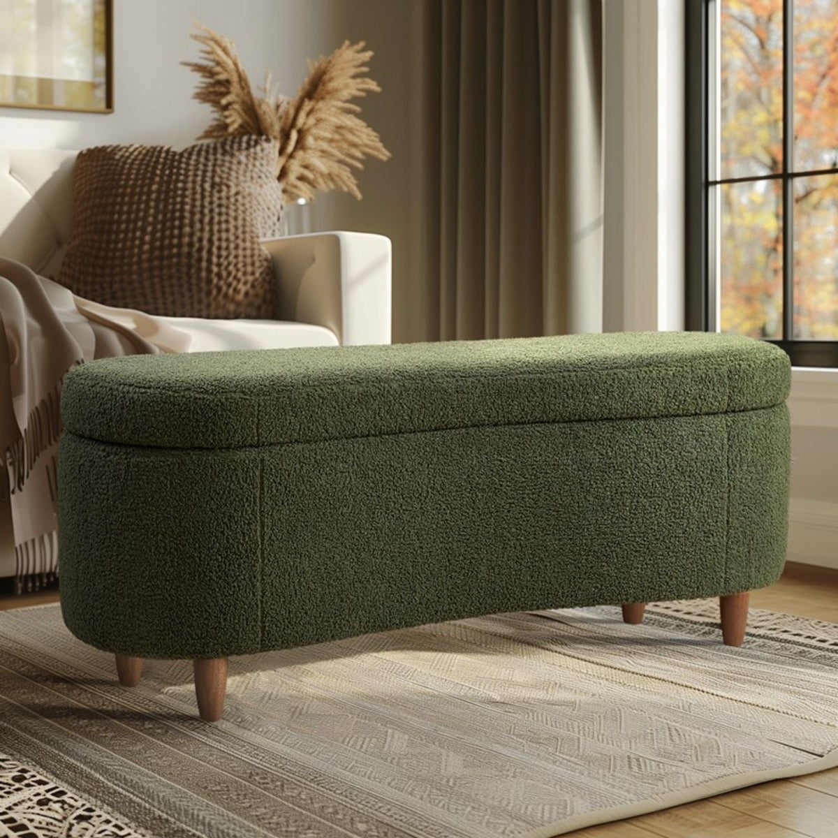 Flip Top Storage Bench in dark green textured upholstery with wooden legs by HouseOfZazla on Tampa Home & Garden Store