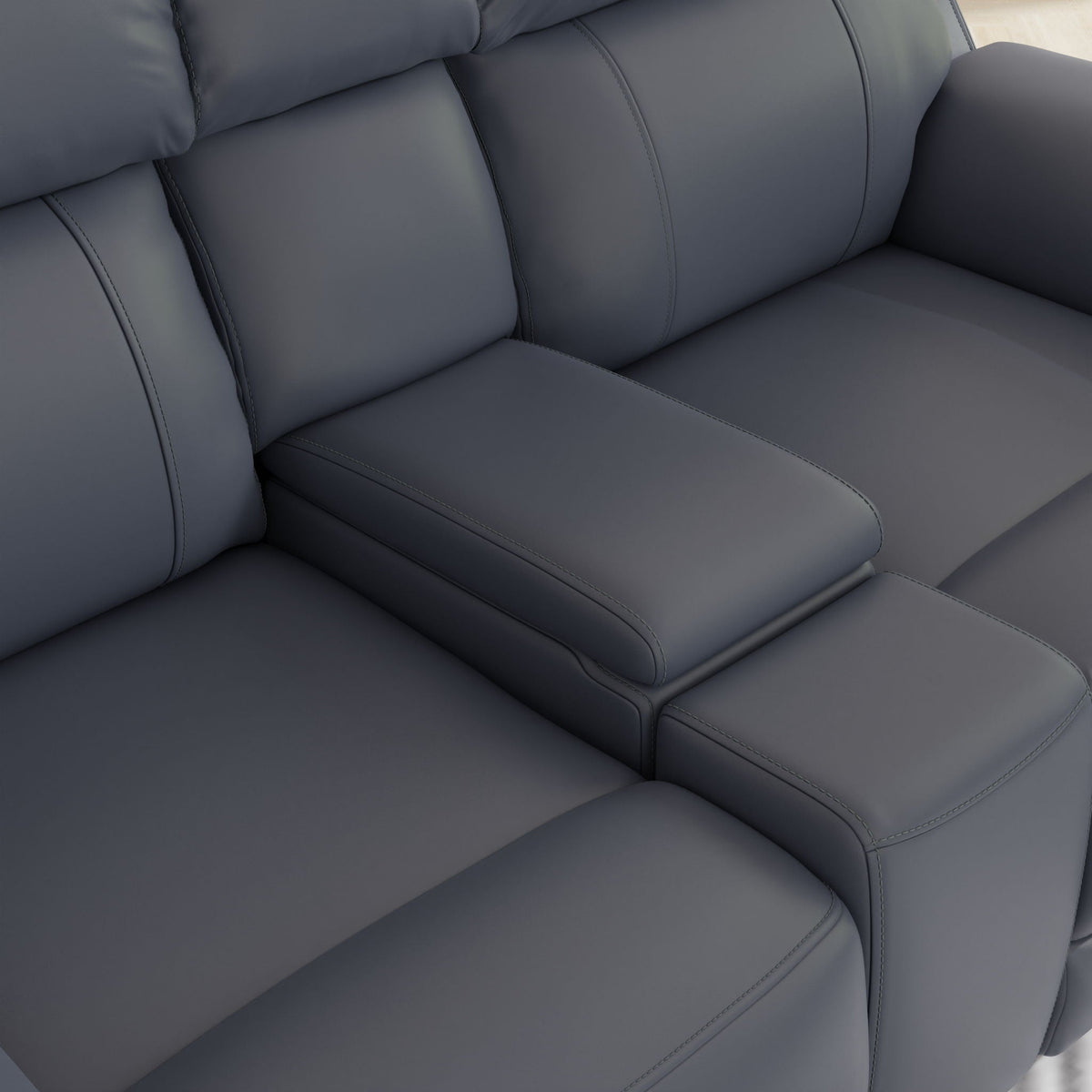 Dual Power Reclining Loveseat gray-blue leather with visible contrast stitching on Tampa Home & Garden Store