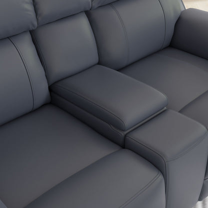 Dual Power Reclining Loveseat gray-blue leather with visible contrast stitching on Tampa Home & Garden Store