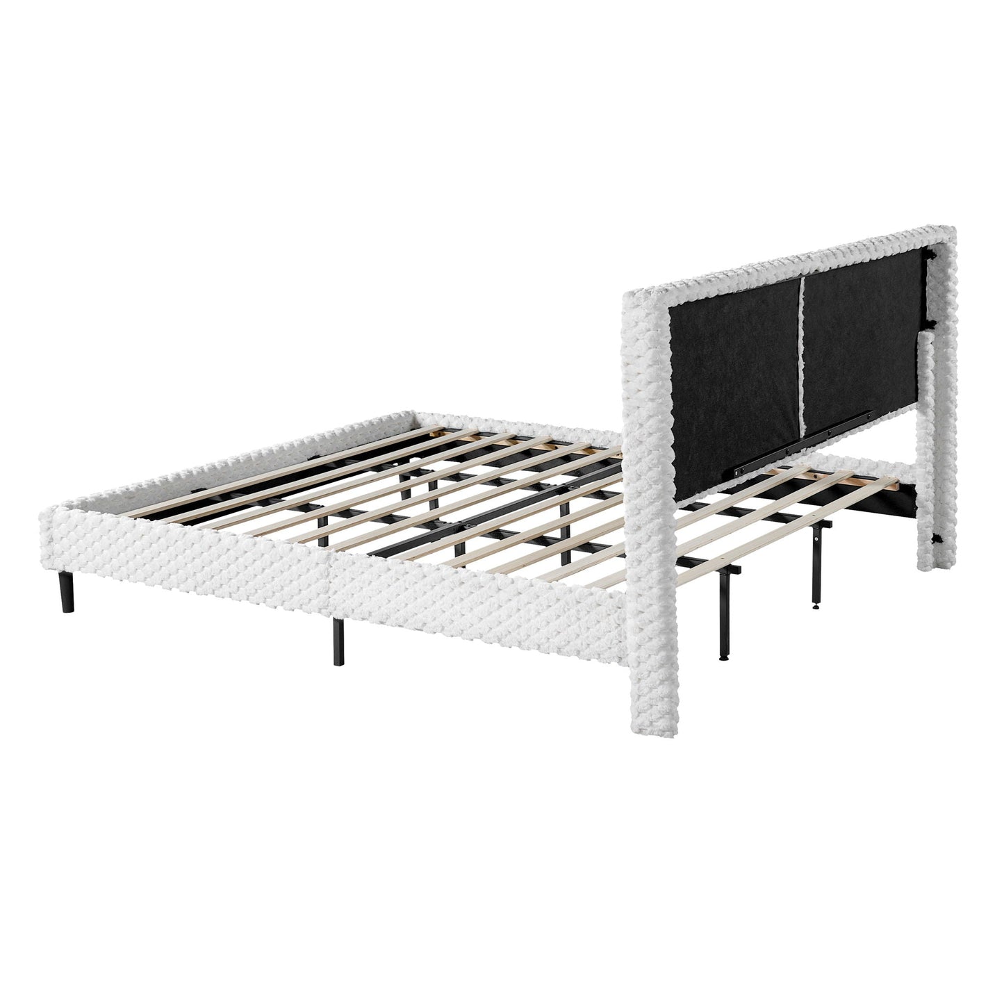 Upholstered bed frame with white fringe trim and black padded headboard by HouseOfZazla on Tampa Home & Garden Store