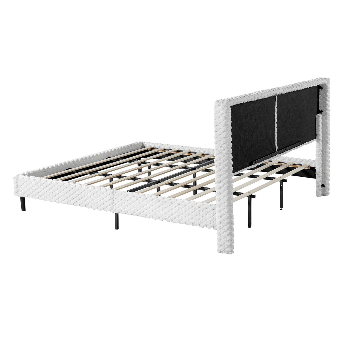 Upholstered bed frame with white fringe trim and black padded headboard by HouseOfZazla on Tampa Home & Garden Store
