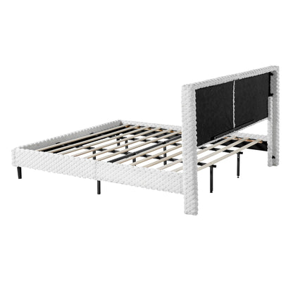 Upholstered bed frame with white fringe trim and black padded headboard by HouseOfZazla on Tampa Home & Garden Store