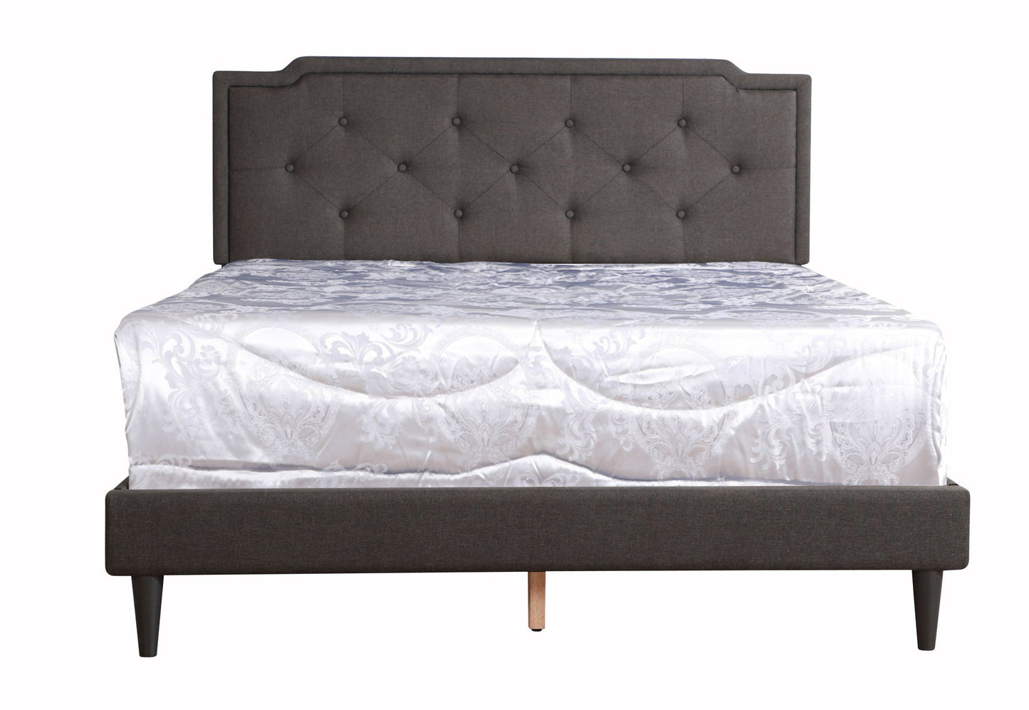 Button tufted upholstered bed with dark gray fabric headboard and diamond tufting on Tampa Home & Garden Store