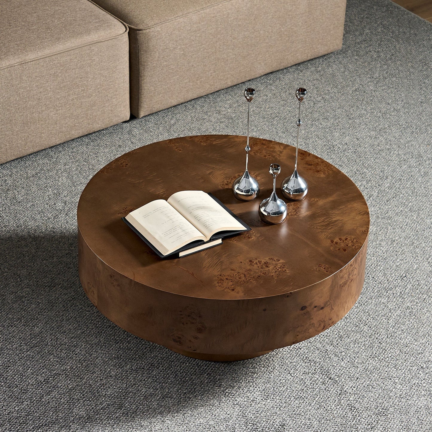 31.49-inch Burl Wood Veneer Round Coffee Table copper-toned, hammered surface on Tampa Home & Garden Store