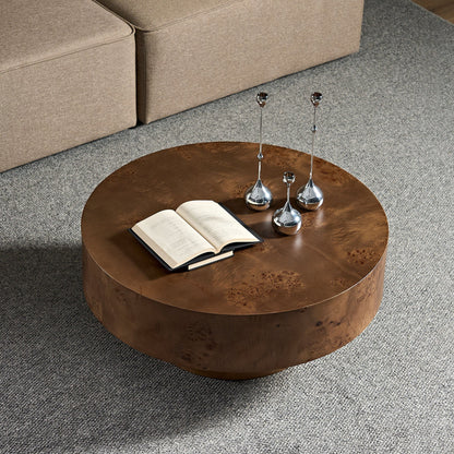31.49-inch Burl Wood Veneer Round Coffee Table copper-toned, hammered surface on Tampa Home & Garden Store