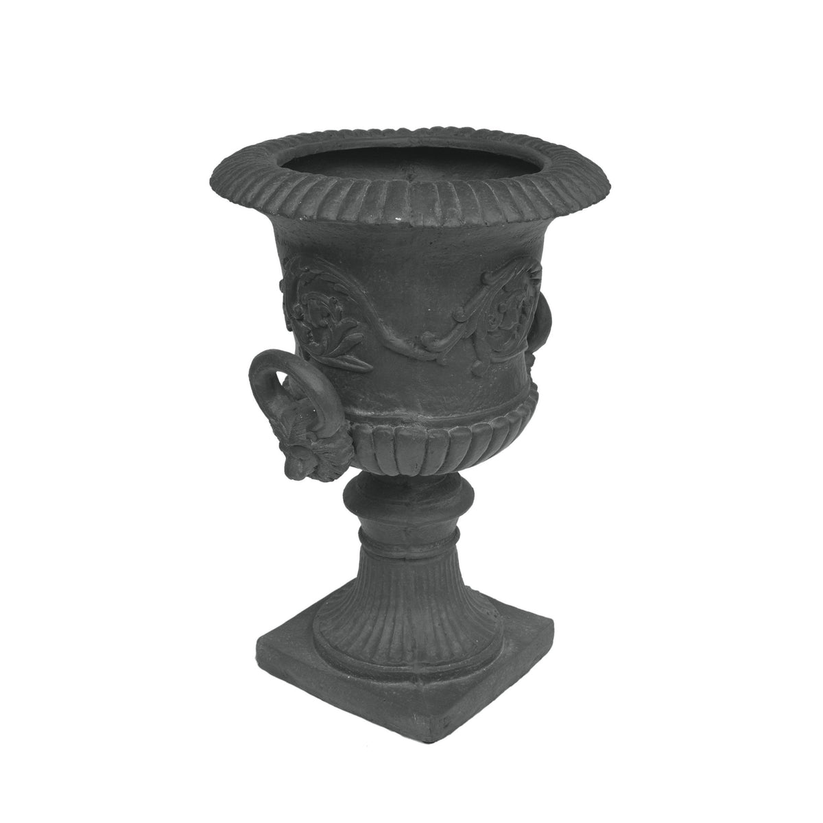 MGO Garden Urn Planter black urn with ornate floral relief and ribbed rim on Tampa Home & Garden Store