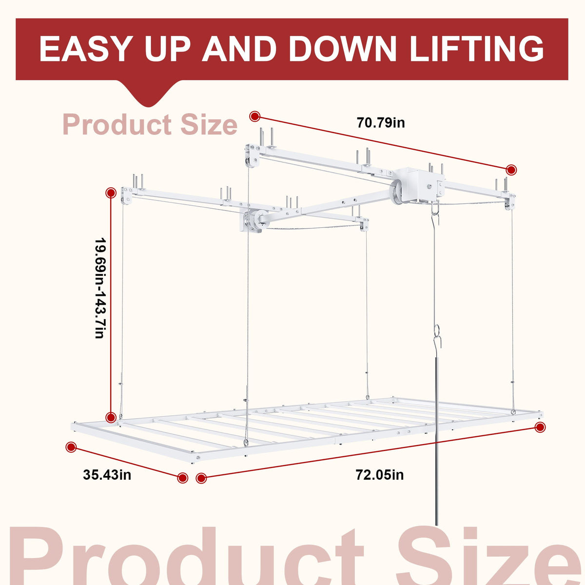 Overhead Garage Storage Rack with Crank System in white; 72.05in long by 35.43in wide on Tampa Home & Garden Store