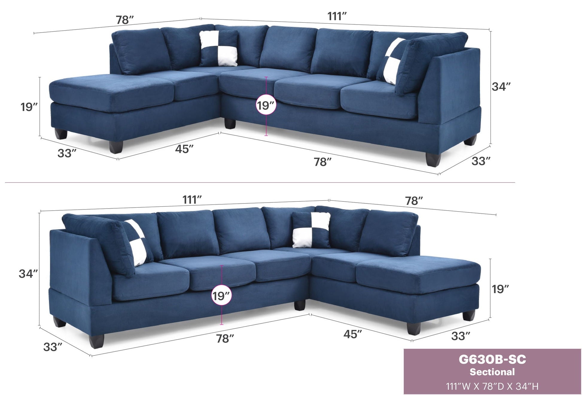 Malone Comfort Sectional blue fabric stationary L-shaped sofa with chaise, HouseOfZazla on Tampa Home & Garden Store