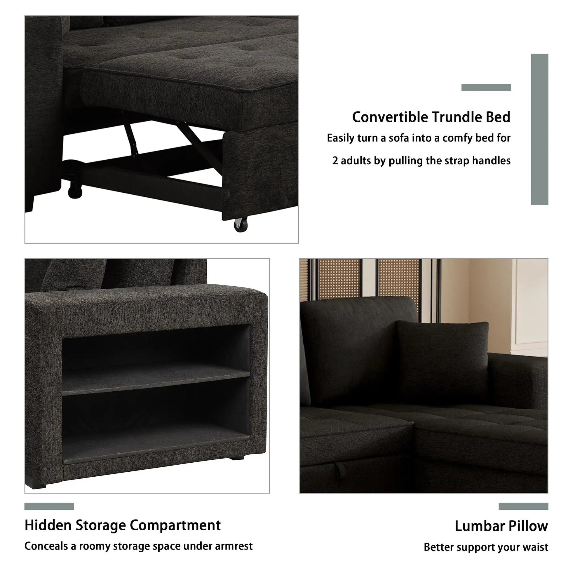 Modern L-shape 3-seat sectional sofa with hidden storage compartment in charcoal fabric on Tampa Home & Garden Store