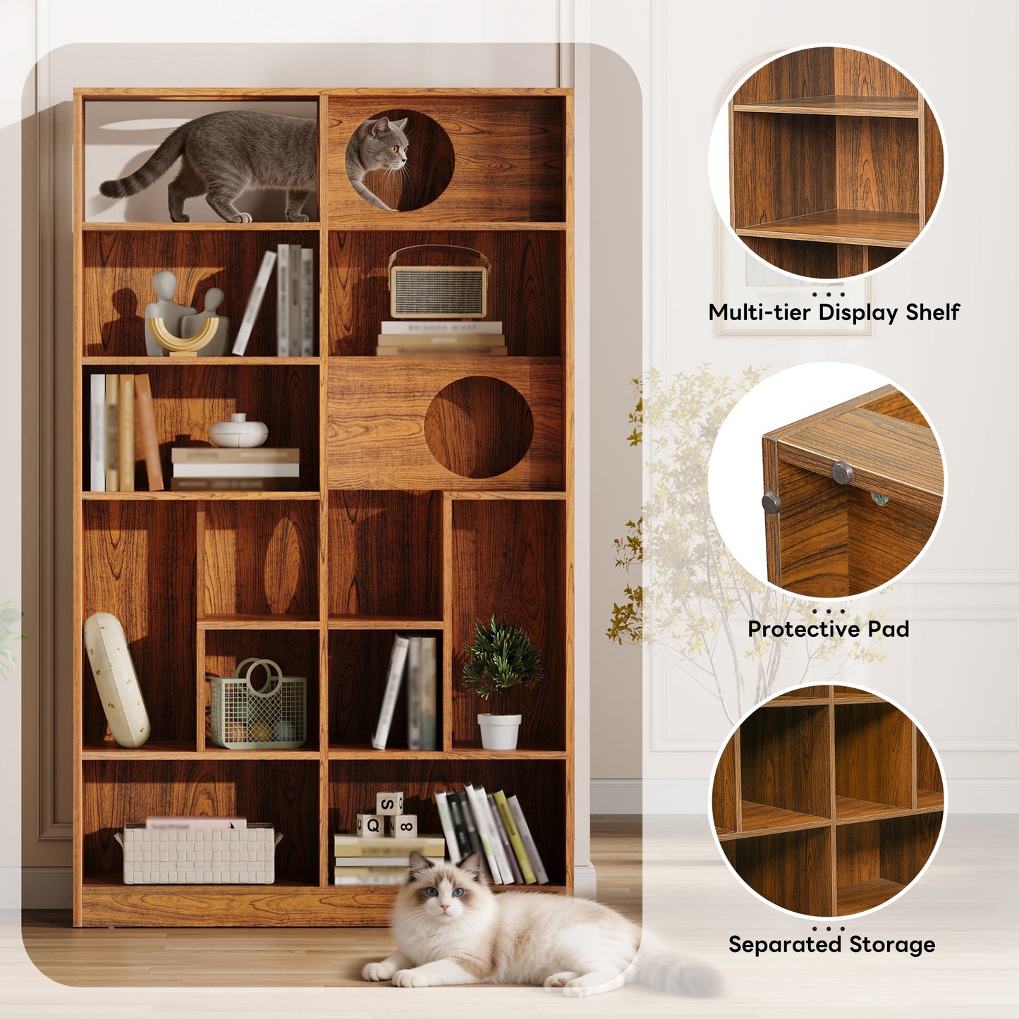 Modern 2 in 1 wood bookshelf cat house with warm walnut finish by HouseOfZazla on Tampa Home & Garden Store