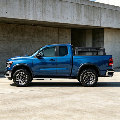 Overland Truck Bed Racks on blue pickup with heavy-duty steel cargo rack in bed on Tampa Home & Garden Store