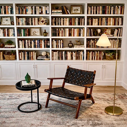 Majestic Ring Base Curved Floor Lamp drum shade gold white beside black leather chair on Tampa Home & Garden Store