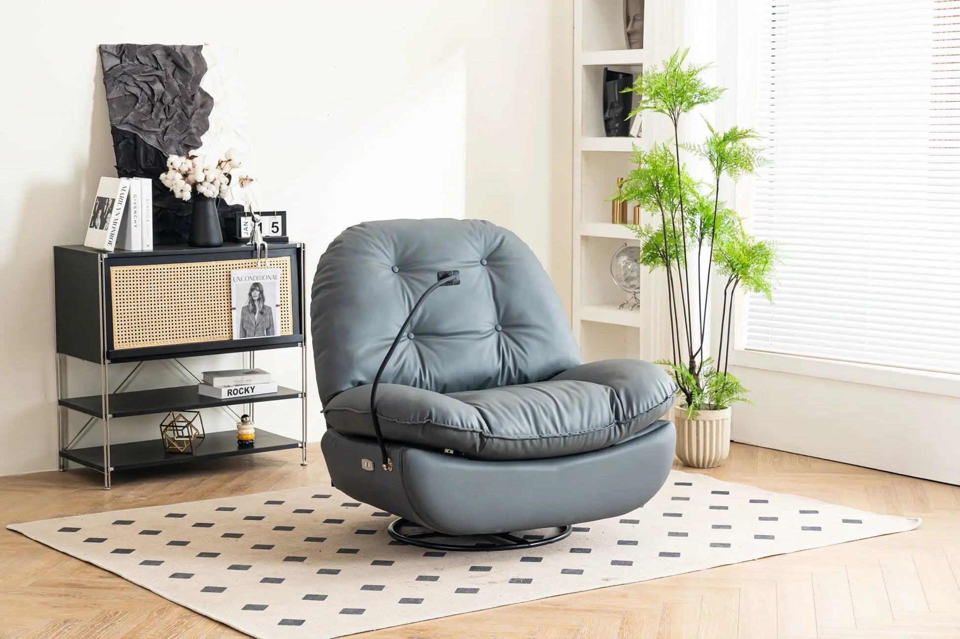Power recliner swivel glider chair in blue-gray faux leather with USB charging port on Tampa Home & Garden Store