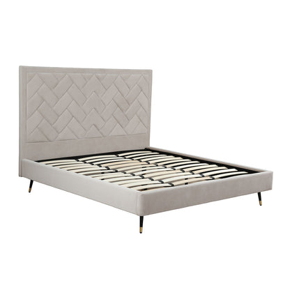 Crosby upholstered bed with diamond-tufted beige headboard and slats, black legs on Tampa Home & Garden Store