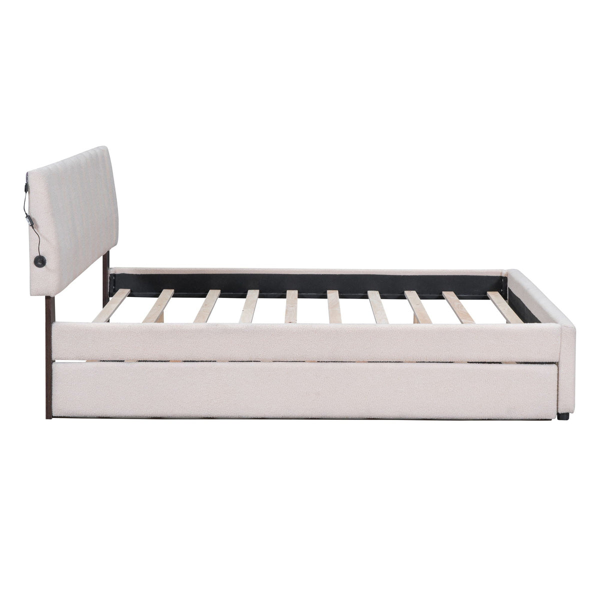 Upholstered platform bed with beige headboard and wood slat base, includes trundle, HouseOfZazla on Tampa Home & Garden Store