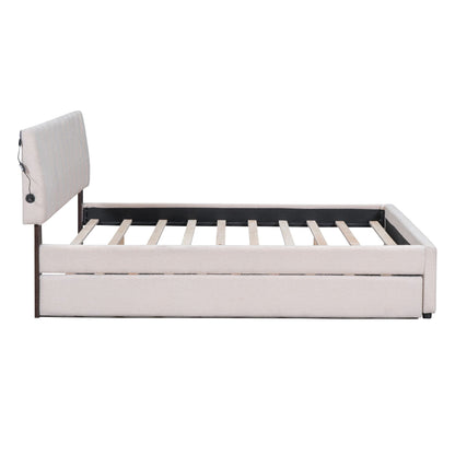 Upholstered platform bed with beige headboard and wood slat base, includes trundle, HouseOfZazla on Tampa Home & Garden Store