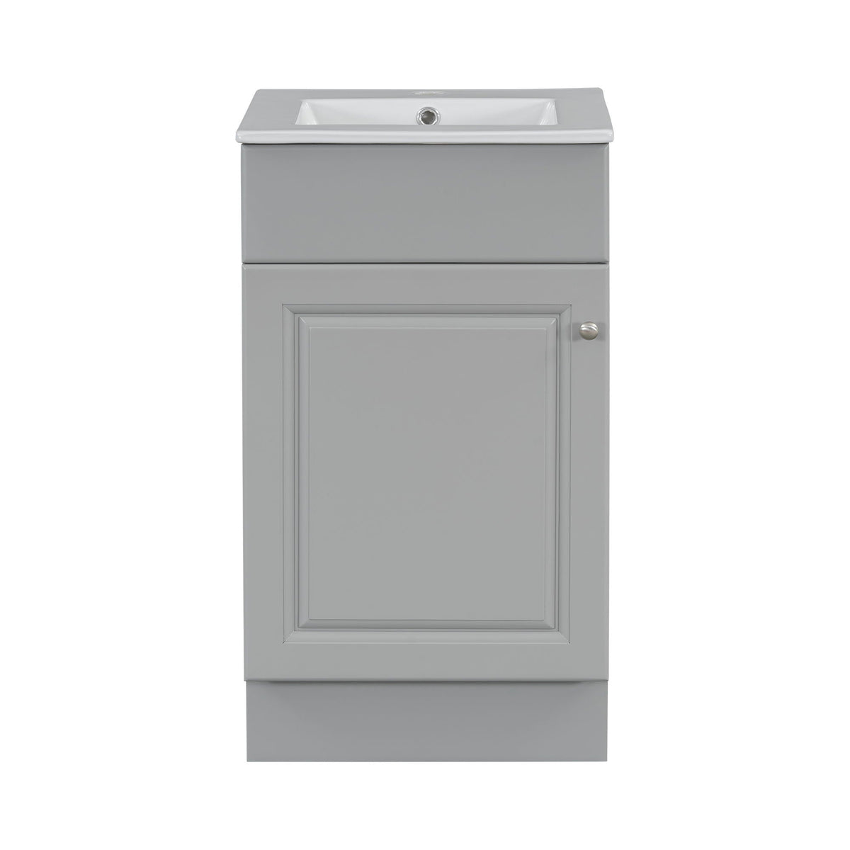 Bathroom vanity with sink, gray cabinet, white sink, chrome drain on Tampa Home & Garden Store