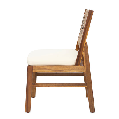 Outdoor dining chair HouseOfZazla in acacia wood with teak finish, white cushioned seat and woven back on Tampa Home & Garden Store