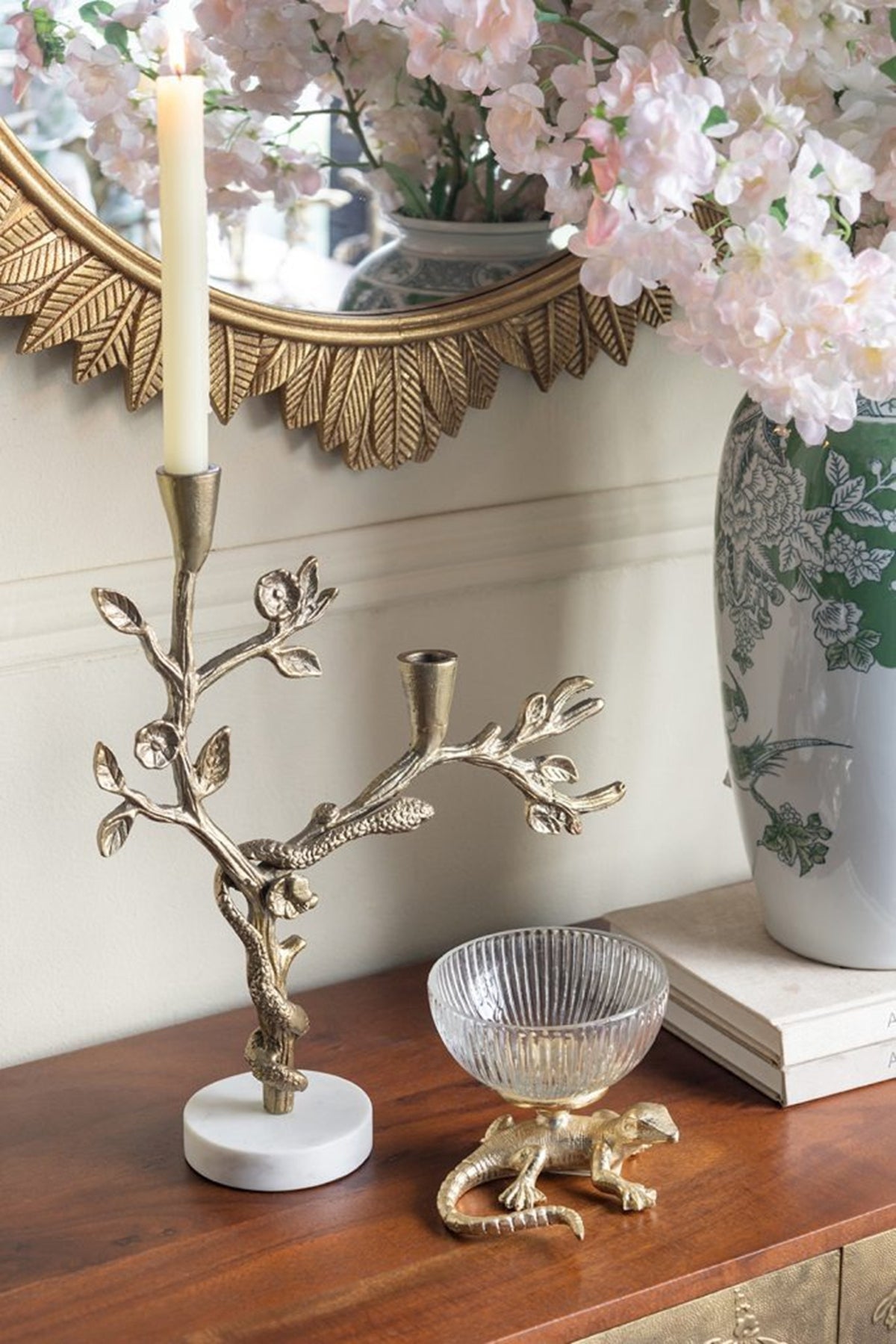 Gold lizard pedestal bowl with ribbed glass dish on marble base by HouseOfZazla on Tampa Home & Garden Store