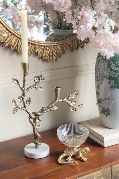 Gold lizard pedestal bowl with ribbed glass dish on marble base by HouseOfZazla on Tampa Home & Garden Store