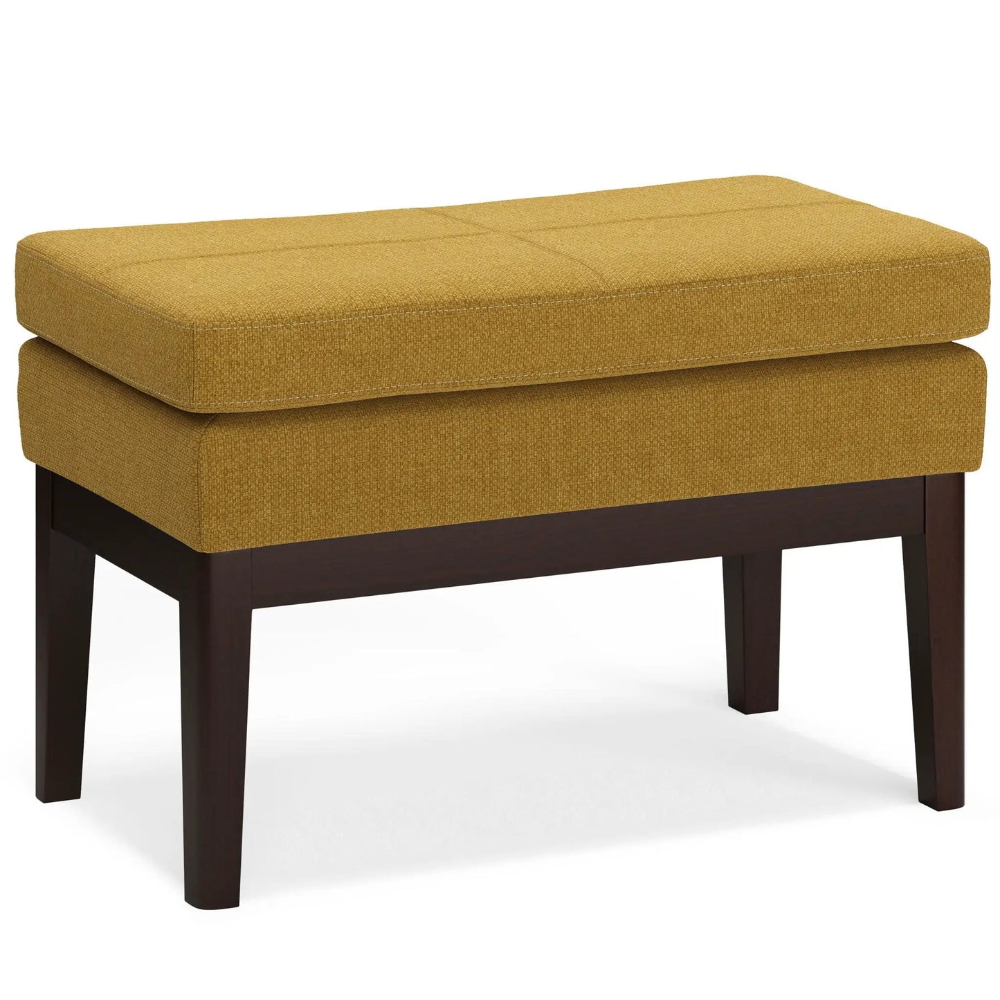 Carlson ottoman bench mustard yellow fabric with dark wood legs on Tampa Home & Garden Store