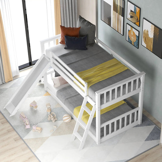 Twin Over Twin Bunk Bed With Slide and Ladder white wood frame with gray mattresses on Tampa Home & Garden Store