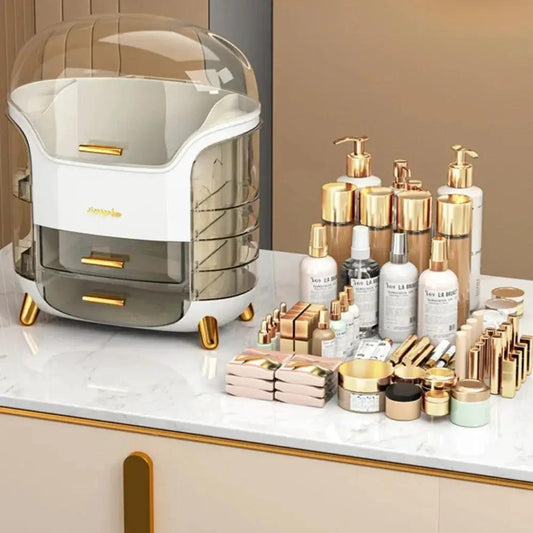 Acrylic makeup storage box with two drawers and a domed lid, white with gold handles on Tampa Home & Garden Store