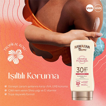 Sunscreen lotion Hawaiian Tropic SPF 30 bottle with glowing protection water resistant on Tampa Home & Garden Store