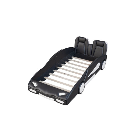 Twin Race Car Shaped Platform Bed with Wheels, black padded headboard and wood slat base on Tampa Home & Garden Store