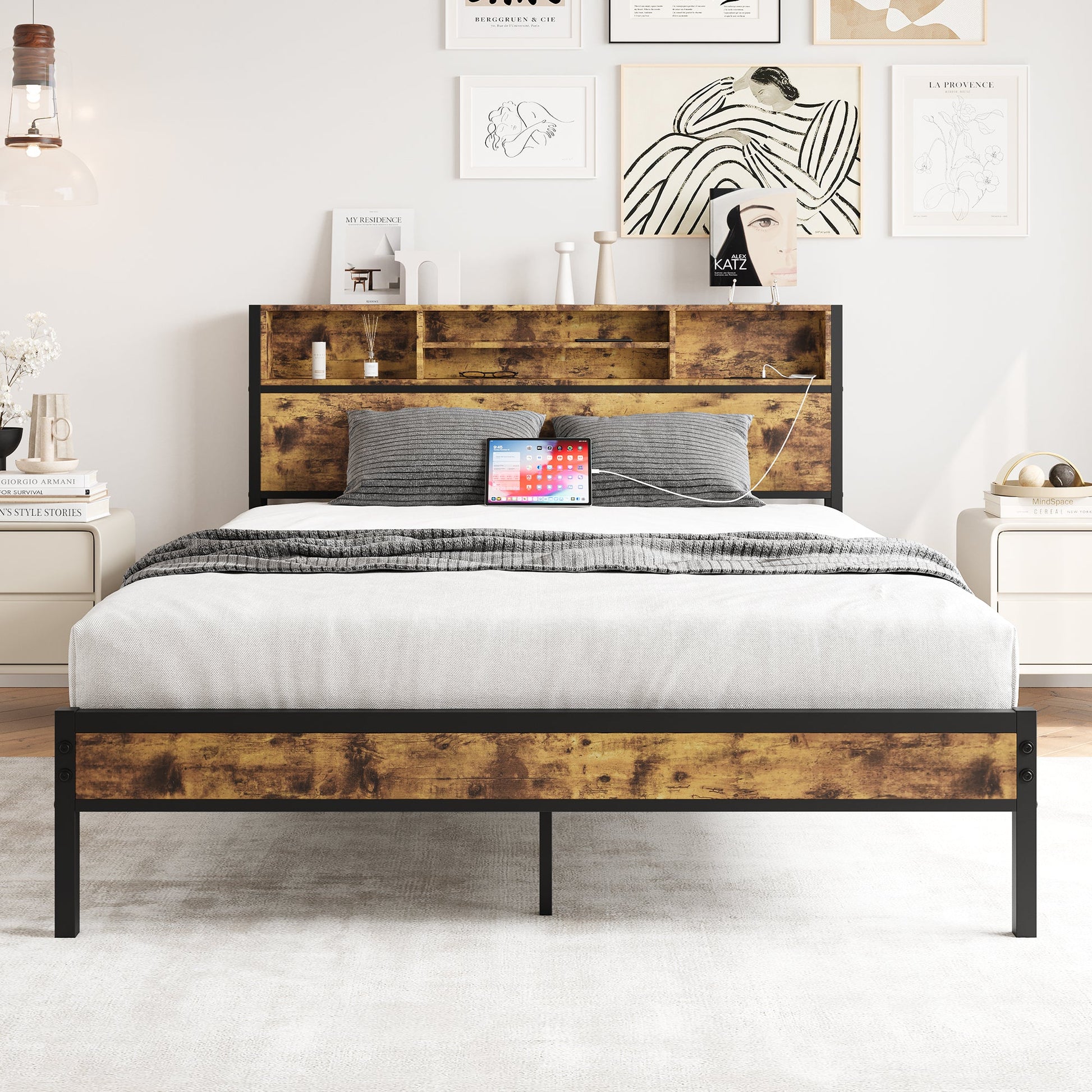 Queen Bed Frame with Storage Headboard Metal Platform Bed with Charging Station Bookcase Storage Black - Tampa Home & Garden Store