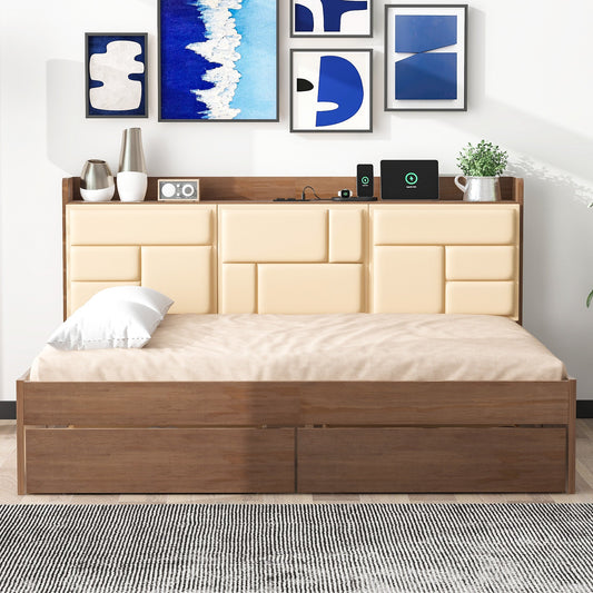 Full Size Wood Daybed with Upholstered Storage Shelves  USB Ports and 2 Drawers Wood Color