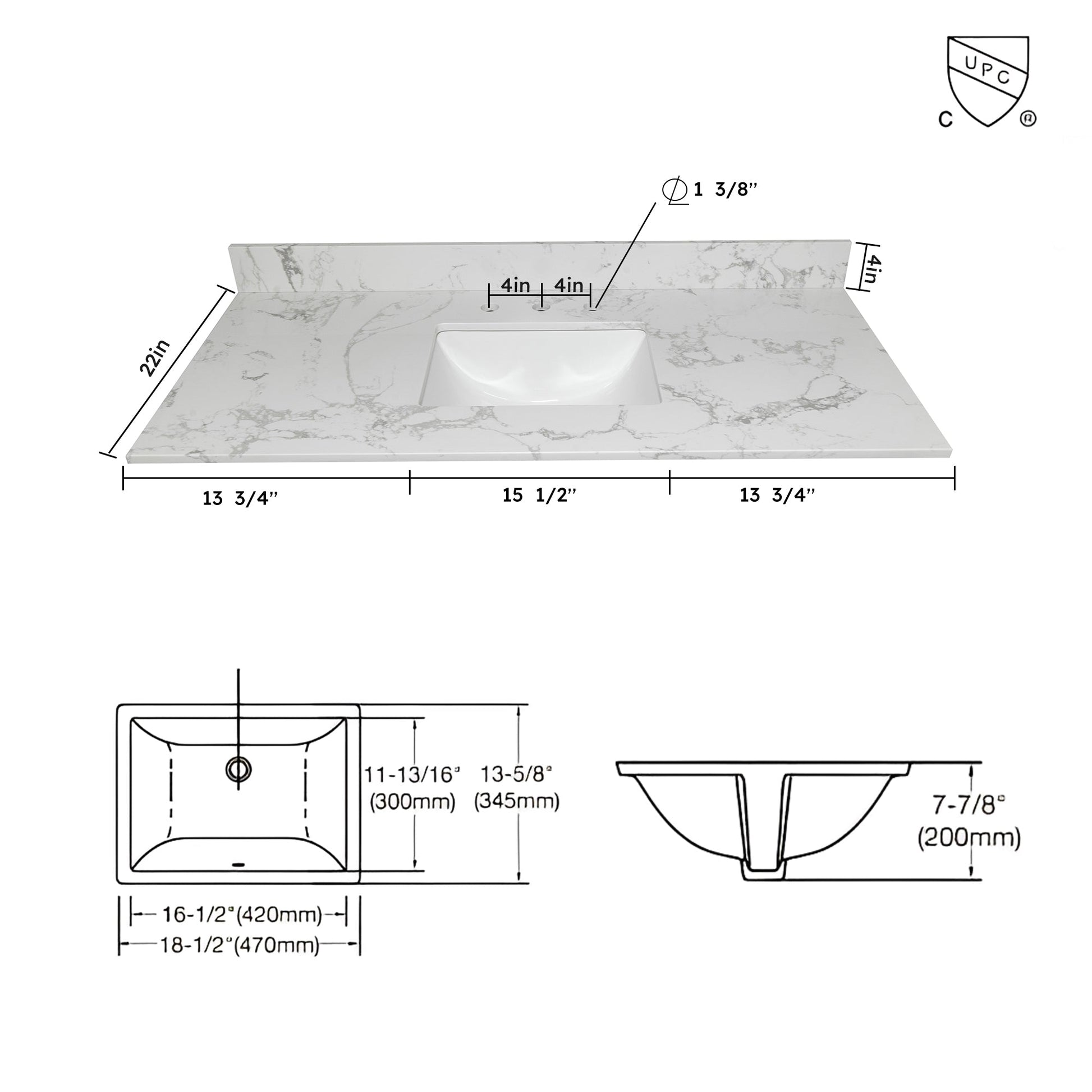 Montary 43x22 Carrara white engineered stone vanity top with backsplash 3hole undermount sink on Tampa Home & Garden Store