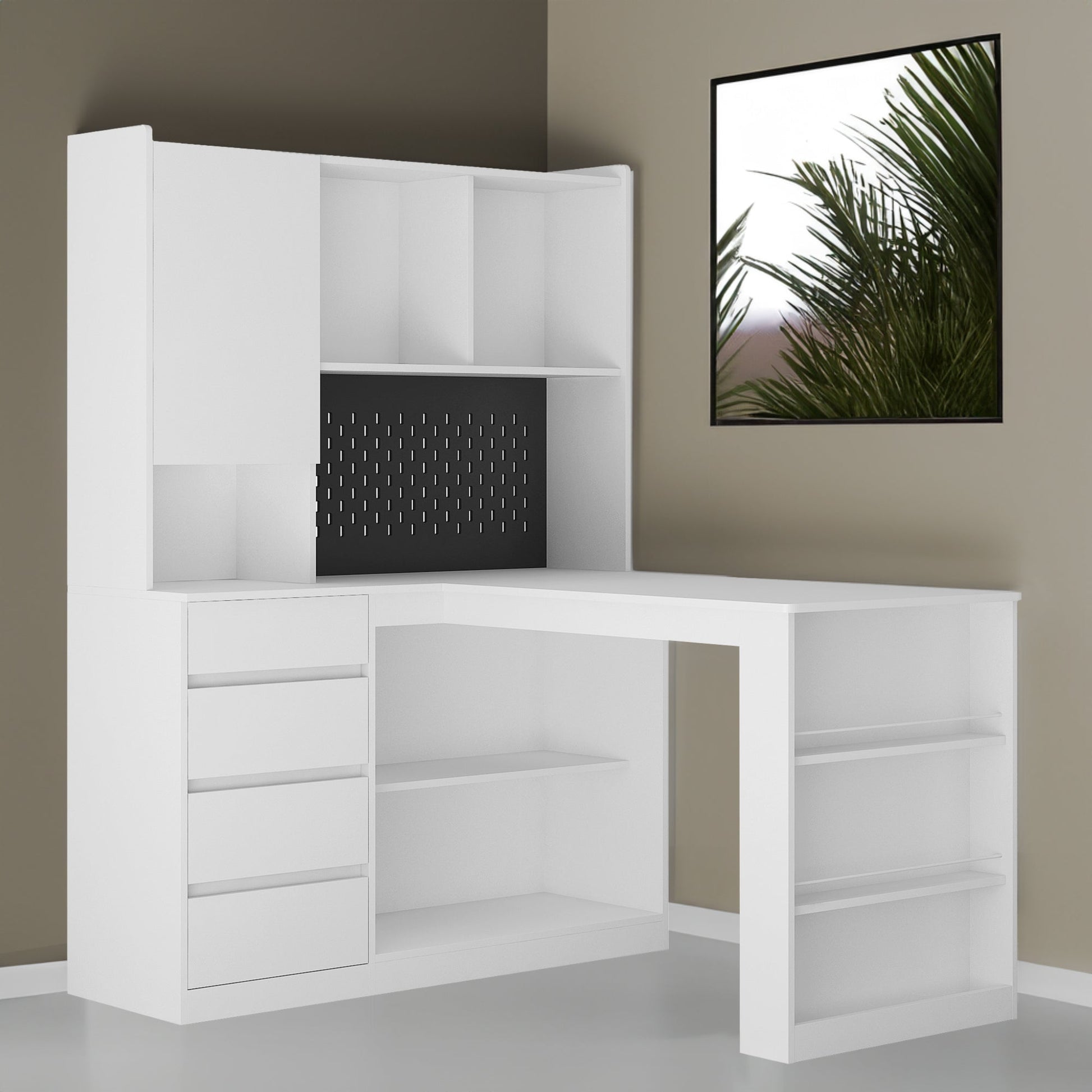 L-shaped office desk with charger, bookshelf with drawers and LED lights, and corner gaming computer desk with storage space - Tampa Home & Garden Store