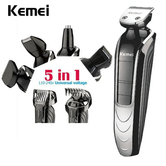 Rechargeable men's hair clipper shaver kit with 5 in 1 attachments; black-silver Kemei design on Tampa Home & Garden Store