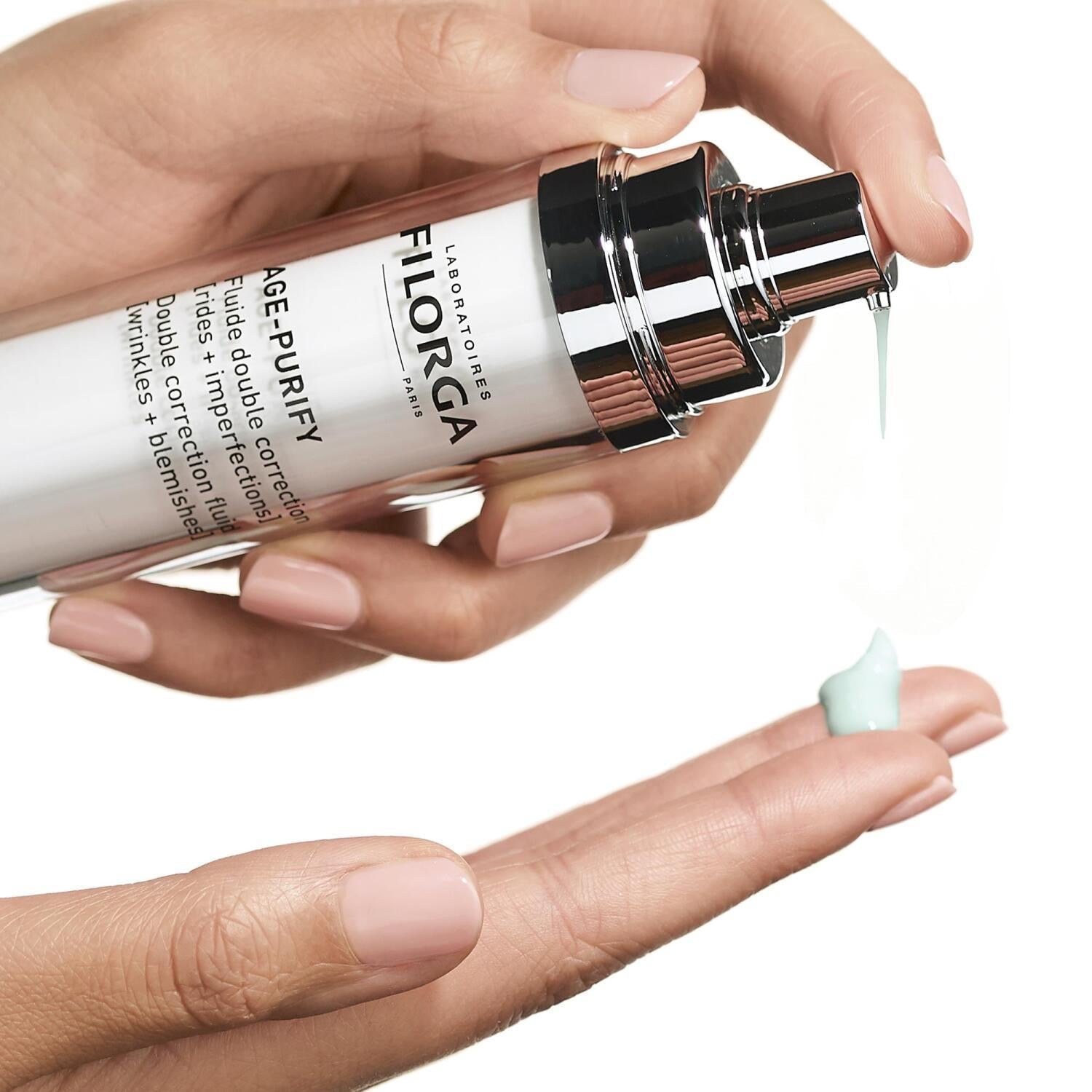 Filorga Age Purify Double Correction Fluid 50ml with pump; mint gel on fingertip on Tampa Home & Garden Store