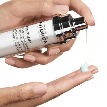 Filorga Age Purify Double Correction Fluid 50ml with pump; mint gel on fingertip on Tampa Home & Garden Store