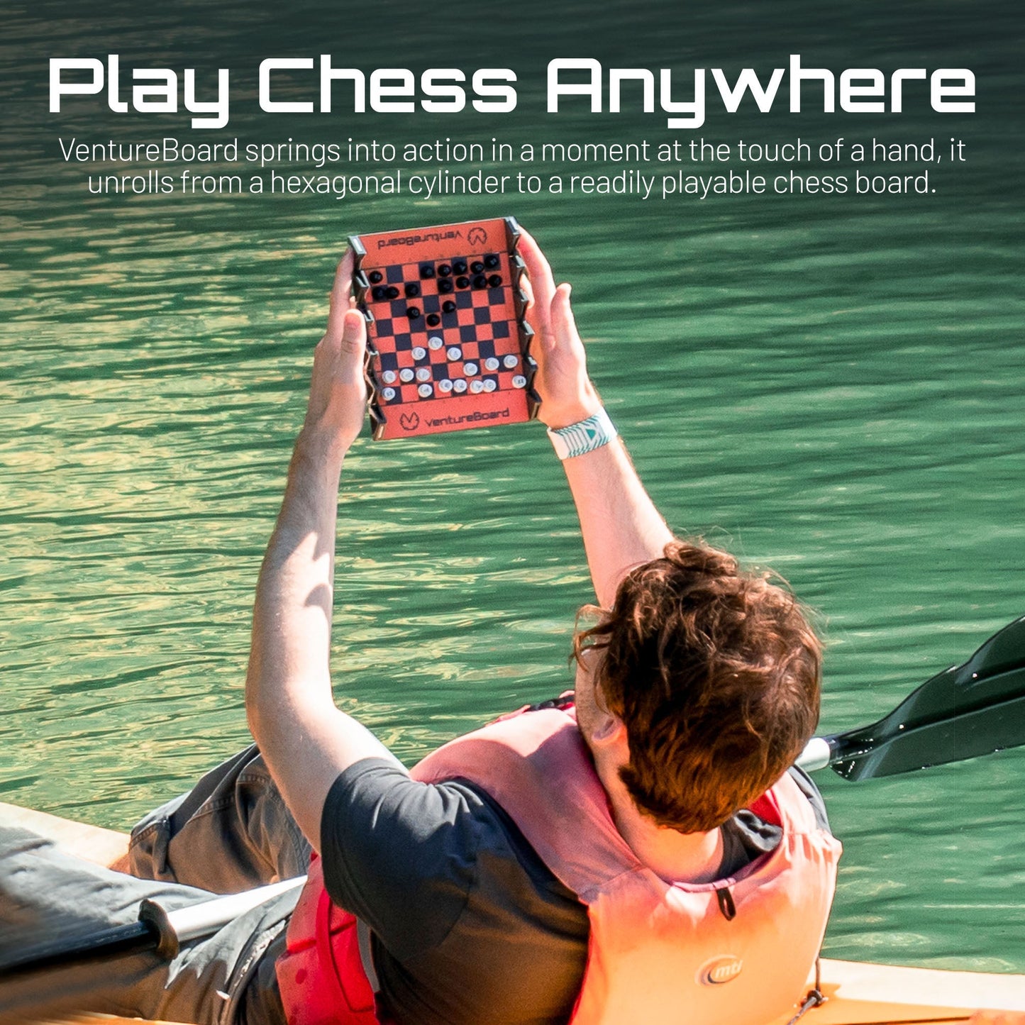 Mini Chess Skye chess set red and black checkered board VentureBoard held over water on Tampa Home & Garden Store