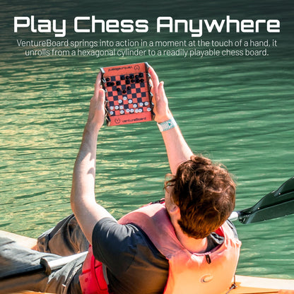 Mini Chess Skye chess set red and black checkered board VentureBoard held over water on Tampa Home & Garden Store