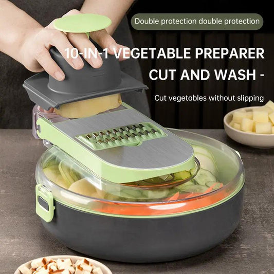 Multifunctional Vegetable Cutter and Shredder 10-in-1 green-gray kitchen slicer with clear bowl on Tampa Home & Garden Store