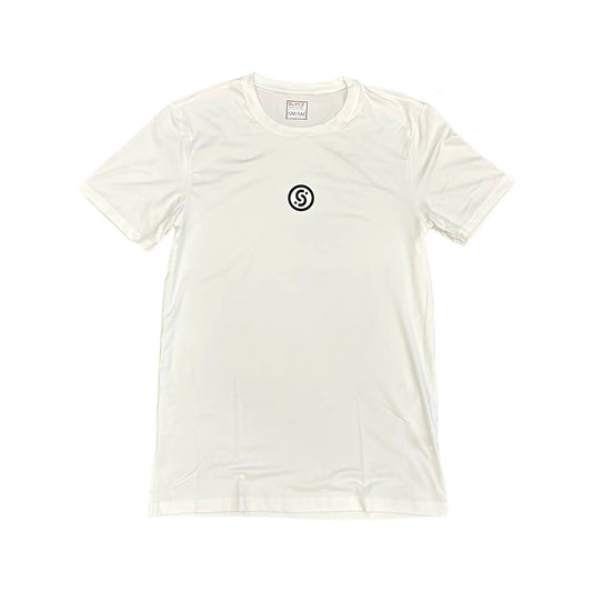 White Solo Performance T-Shirt by Slyce Sport with small black chest logo and neck tag visible on Tampa Home & Garden Store
