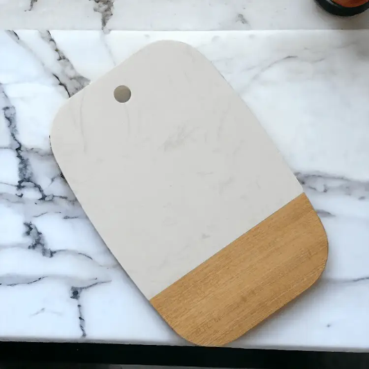 Martha Acacia charcuterie tray 12x8in white wood two-tone serving board with hanging hole on Tampa Home & Garden Store