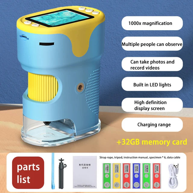 Pocket microscope display blue and yellow with built in LED and 1000x magnification on screen on Tampa Home & Garden Store
