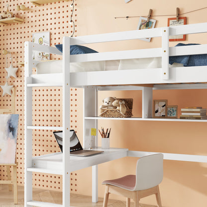 Twin Loft Bed with built-in desk and bookcase of three compartments, Guardrails and Ladder,White - Tampa Home & Garden Store