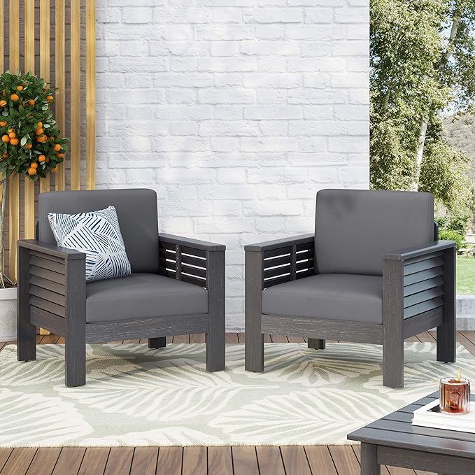 2 Outdoor Acacia Wood Club Chairs with Cushions, Dark Gray, 27.75"D x 32"W x 27.75"H