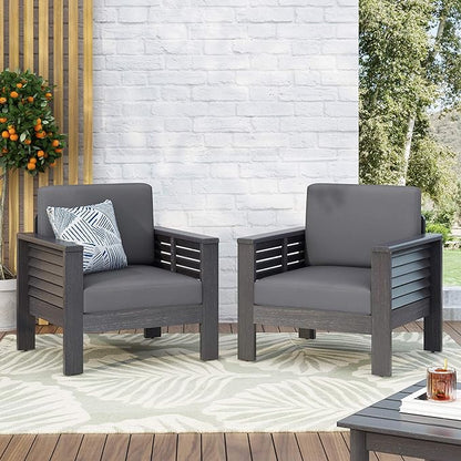 2 Outdoor Acacia Wood Club Chairs with Cushions, Dark Gray, 27.75"D x 32"W x 27.75"H