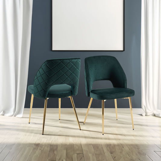 Chaises de salle à manger en velours vert foncé avec pieds en métal et dossier creux, lot de 4