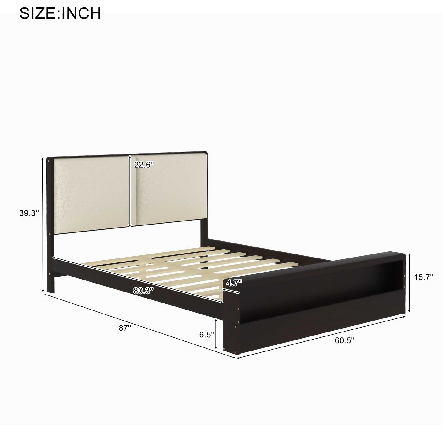 Queen Size Platform Bed Frame with Upholstery Headboard and Bookshelf in Footboard and LED Light Strips, Espresso - Tampa Home & Garden Store