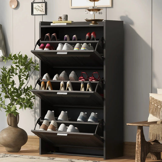 U Can Shoe Cabinet for Entryway with 3 Drawers in black, angled pull-out shoe racks filled with colorful footwear on Tampa Home & Garden Store